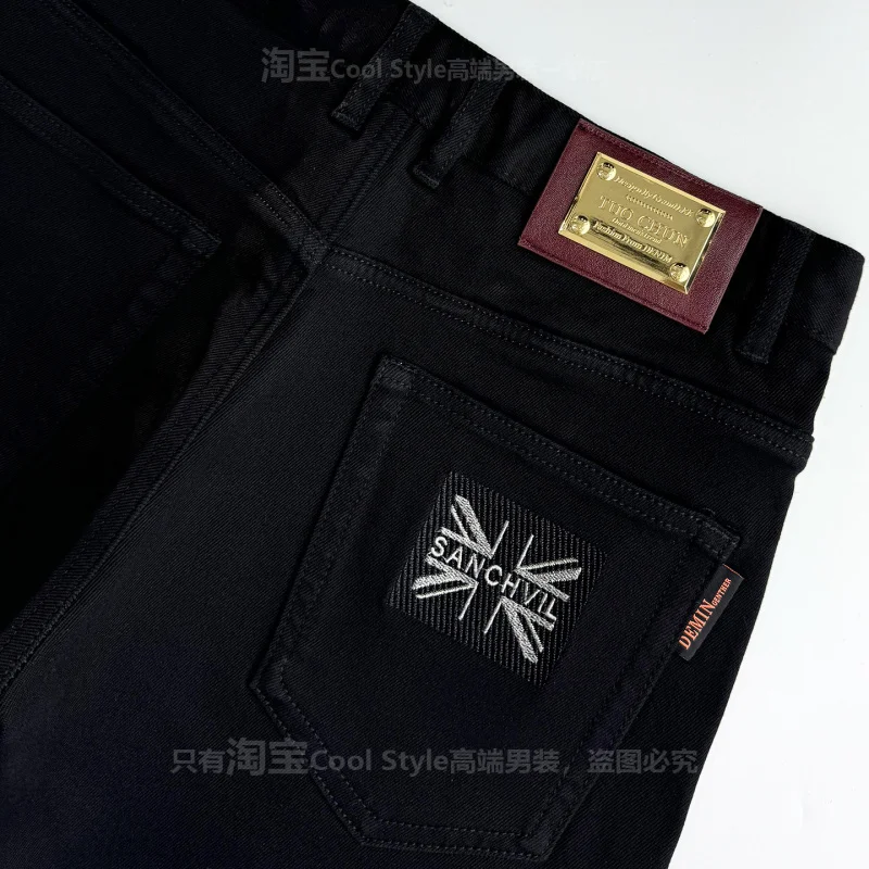 High end embroidered pure black jeans for men, casual slim fit, small feet, autumn elastic denim, fashionable pants