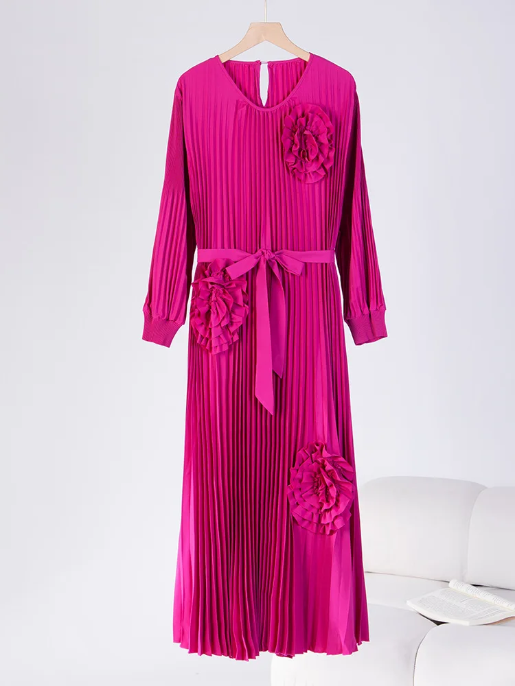 

Miyake Elegant Heavy Industry Three-dimensional Nails Flower Pendulum Dress Loose Pleated Long Dress Women Autumn and Winter New