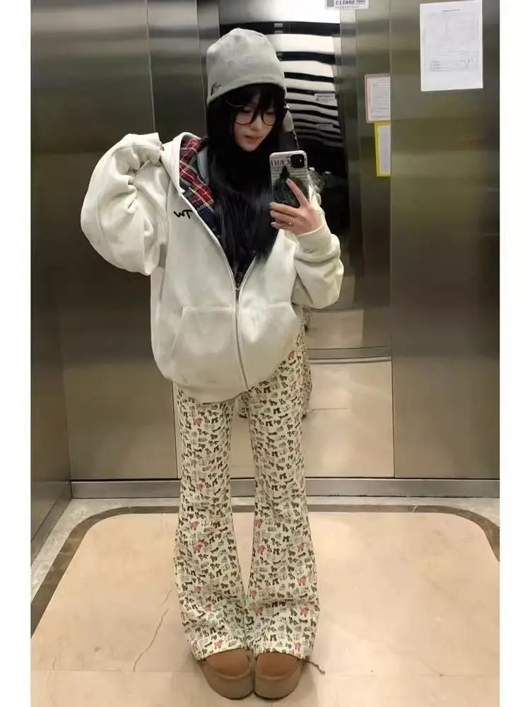 Korean Sle Hiphop Thiened Fce Hooded Zipper Cardigan Outerwear Women's Winter Loose Versatile Plaid Sweatirt