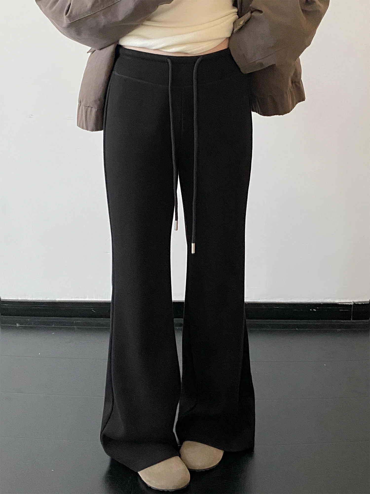 

Thiened Fce Knitted Brued Wide Leg Pants Dstring Casual Trousers Slimming Design Micro Flared Women's Winter Pants