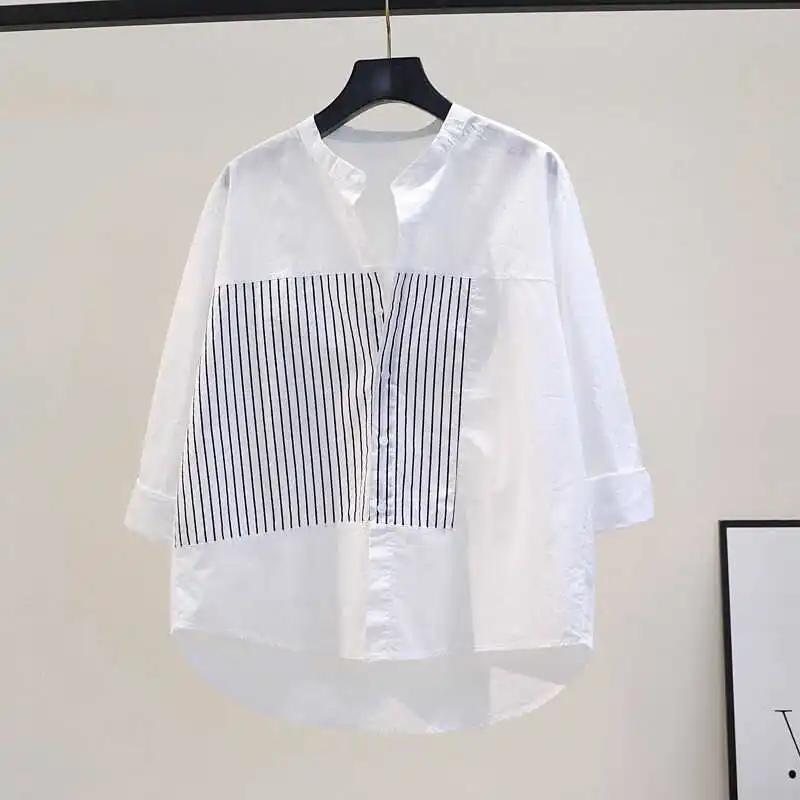 

Loose Long Sleeve Pure Cotton Shirt Women's New Korean Style Striped Patchwork Button up Sun Protection Top Commute Fashion
