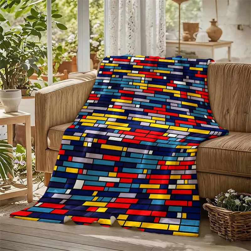Mondrian Color Blocks Flannel Blanket Perfect for Sofa Office Bed Travel Sleep Read Relax Camping Four Season Use