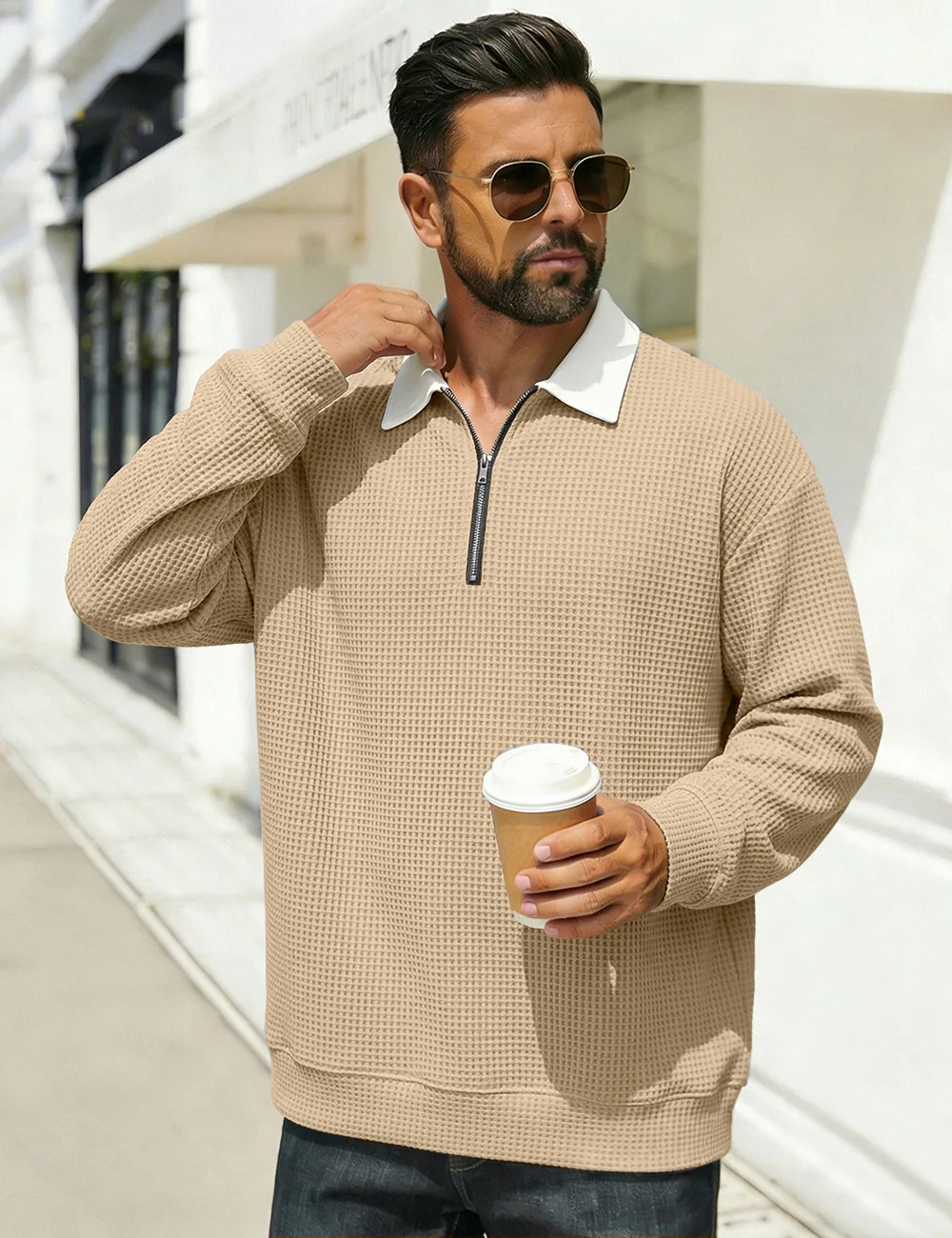 Men's button-down half-zip waffle long-sleeved shirt, loose color-matched casual hoodie