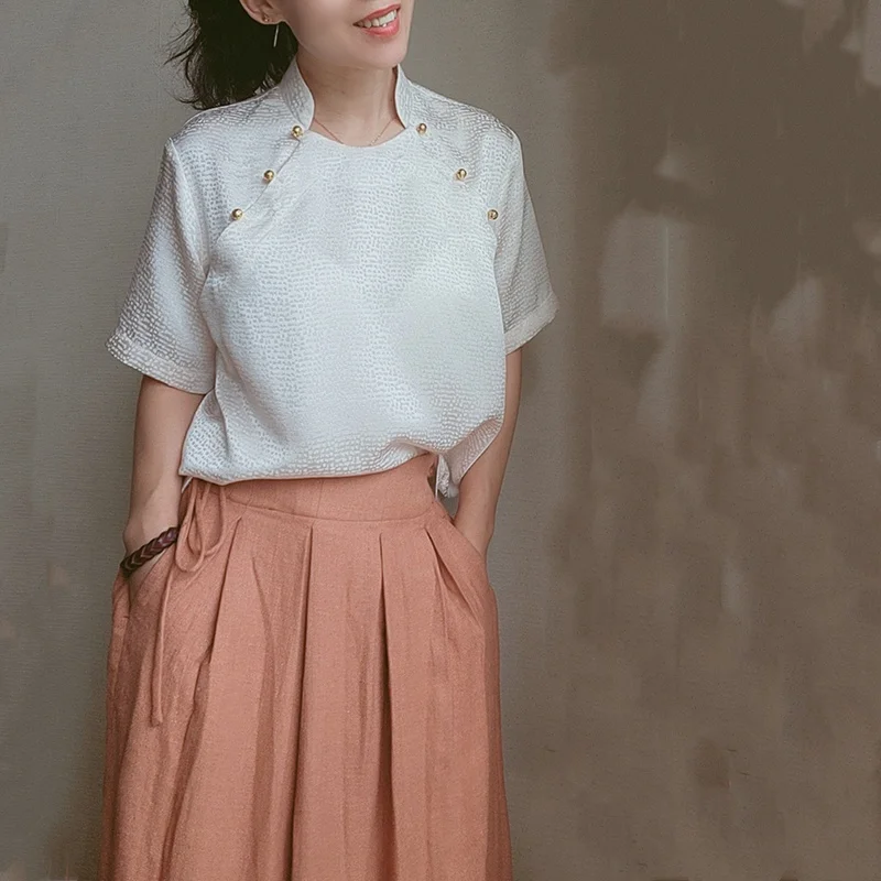 

Loose Half Sleeve Women's Shirt Vintage Floral Acetate Embroidery Pink White Summer New Arrival Casual Fashion Top