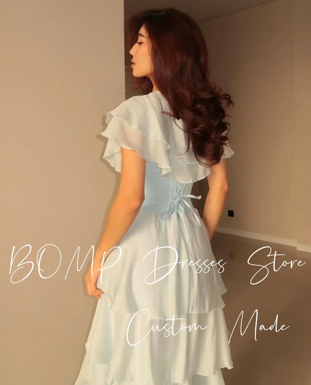 BOMP – robe de soirée de mariage bleue élégante, col rond, manches courtes, multicouches, longueur au sol, en mousseline de soie, personnalisée, Simple