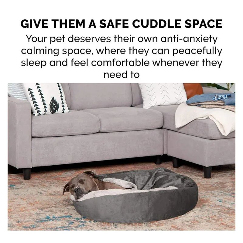 Dog Beds Semi-closed Puppy Kennel Donut Round Calming Anti-Anxiety Dog Burrow Cave Bed Washable Winter Warm Cozy Pet Sofa Bed