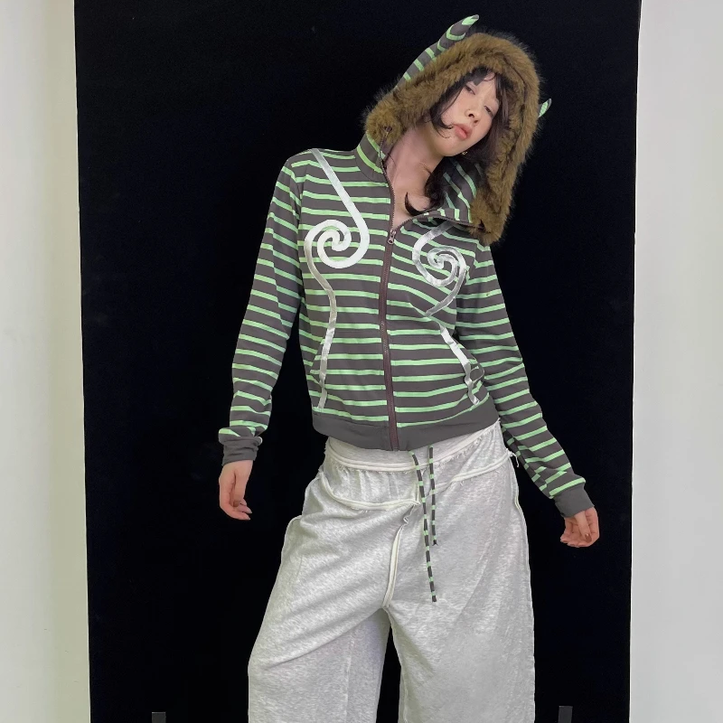 Original Design Striped Fur Collar Hooded Zipper Women's Cardigan Autumn Winter New Slimming Versatile Sweatshirt Jacket Ladies