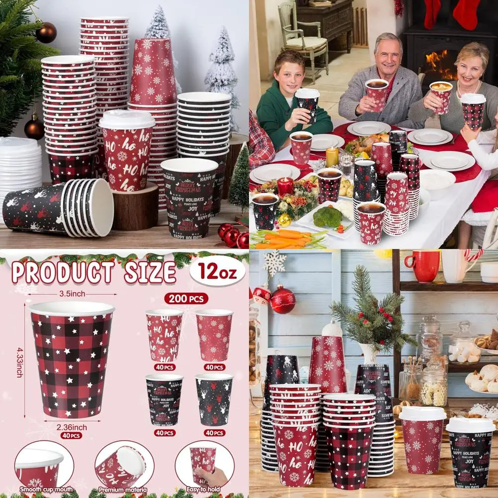 

12oz Red & Black Christmas Paper Cups with Lids - 200 Pack for Holiday Parties & Winter Celebrations