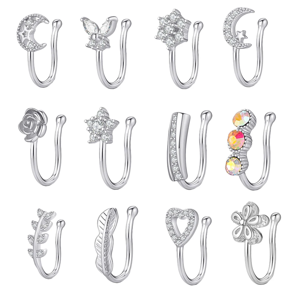 

12pcs Zircon Nose Clip Non Piercing Fake Rings for Women Girls Silver Color Nose Jewelry Body Piercing Accessories