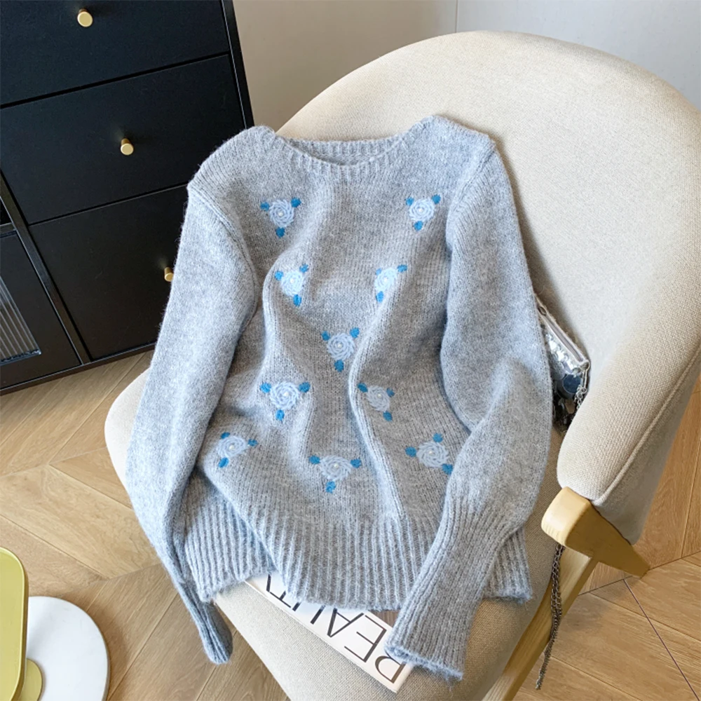 

Женский серый вязаный пуловер, свитер с v-образным вырезом, винтажный джемпер, вязаный кашемировый свитер с длинными рукавами и вышивкой, осень-зима, одежда 2000-х годов