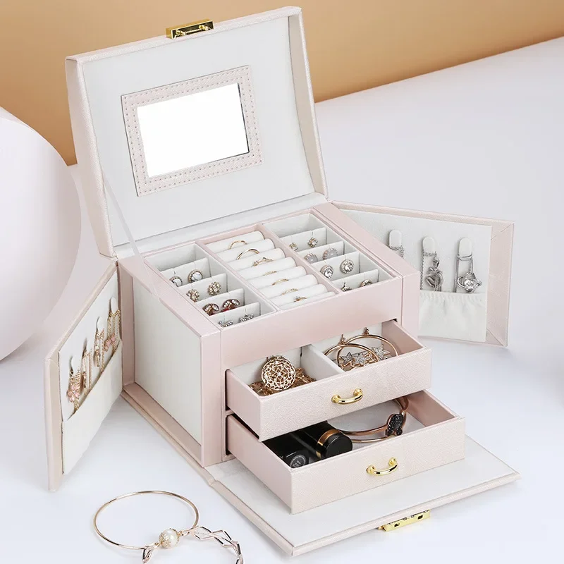 High Quality 3 Layers Simple Leather Jewelry Display Generous And Portable Silk Necklace Box Earrings Ring  Organizer Watch Box