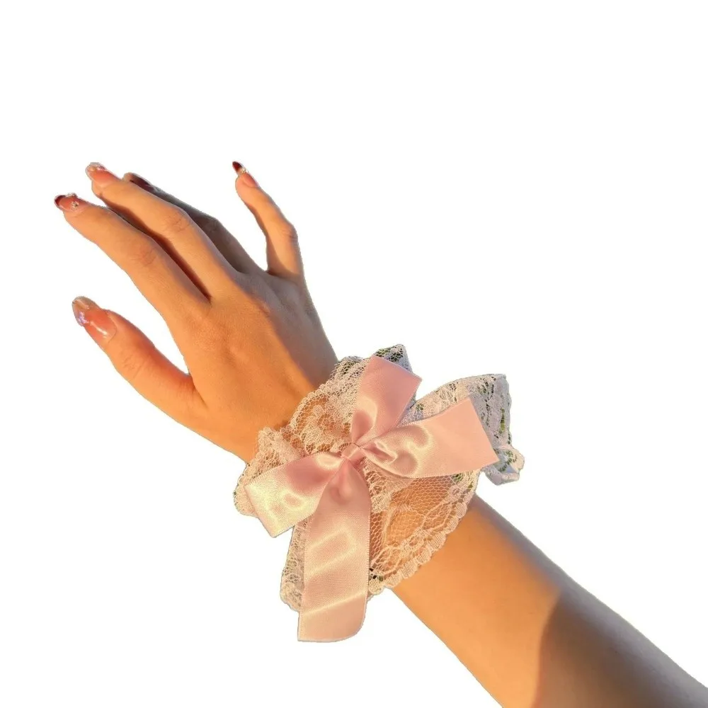 Ruffled Lace Hand Sleeve Cuffs Lolita Bowknot Fake Sleeve Gloves Sweet Satin Floral Tulle Cosplay Wristband Wrist Accessories