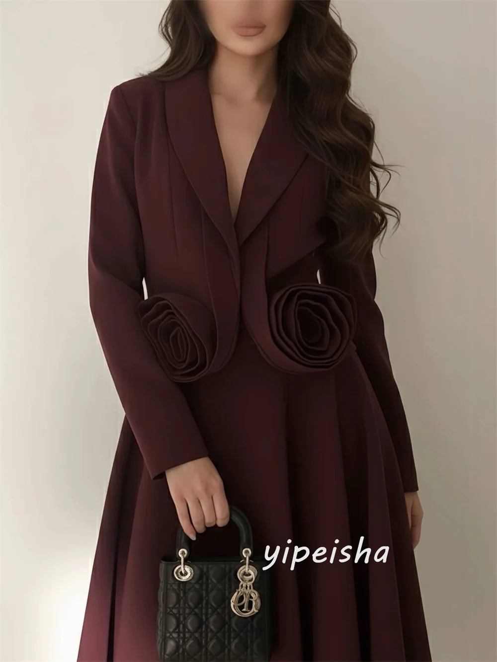 Customized Burgundy Fashion Modern Style Jersey Handmade Flower Pleat A-line V-neck Long Dresses Evening Dresses Sizes Available
