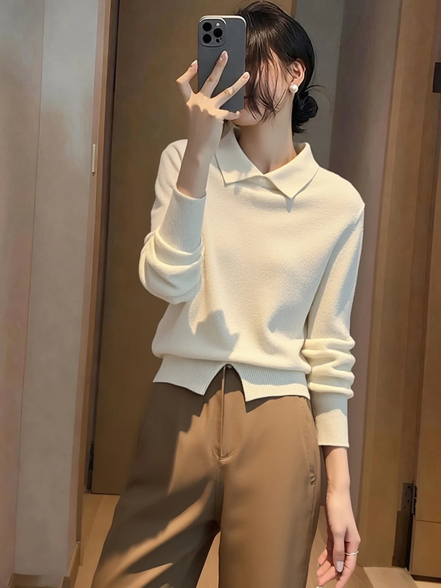 

Slimming Color Long Sve Knitted Sweater Korean Sle Faionable Collared Women's Top Soft Comfortable Winter Faion