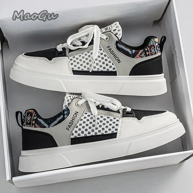Men's Color Block Mesh Platform Skate Shoes Breathable Hollow Mesh Lace Up Low Top Casual Sneakers Fashion Street Walking Shoes