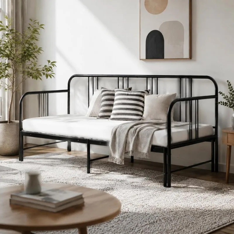 Canapé-lit polyvalent à structure métallique robuste 90 x 200 cm avec balustrade latérale et sommier à lattes, modèle classique gain de place pour salon, studio, chambre et salle d'invités.