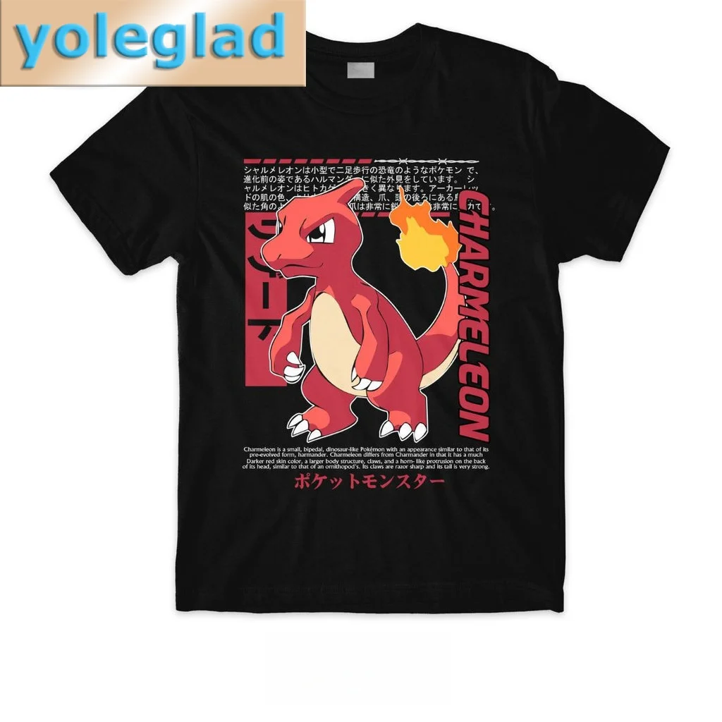 Anime Pokémon Charmeleon bedrucktes T-Shirt aus reiner Baumwolle für Damen und Herren, Frühling/Sommer, neue Kollektion, modisches Kurzarmshirt