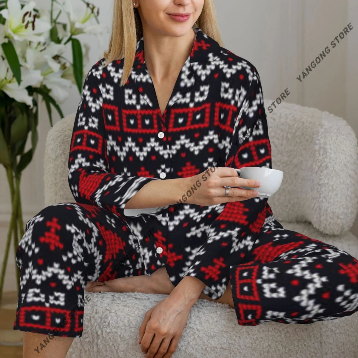 Women Sleepwear Loungewear Christmas Knitting Sweater Pattern Long Sleeve Lapel Neck Shirt and Elastic Waist Pants Pajamas Set