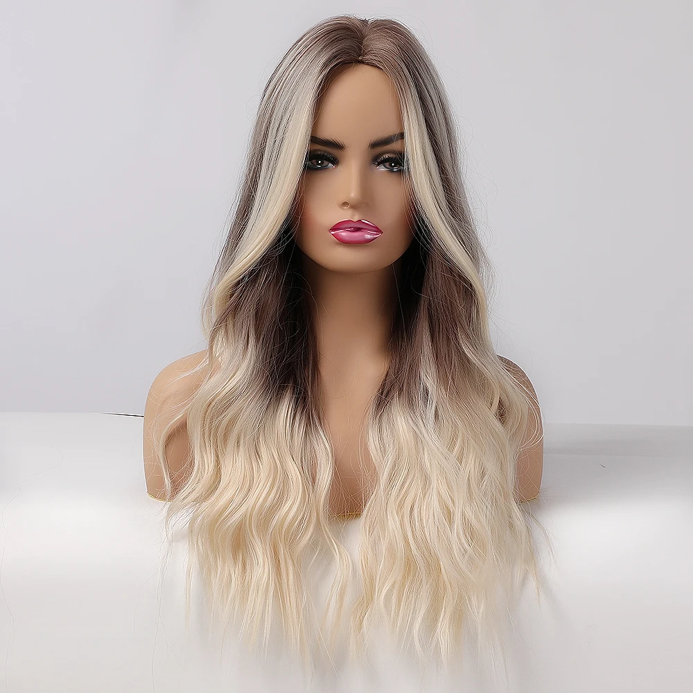 

Long Wavy Ombre Blonde Synthetic Wig for Women Middle Part Natural Looking Heat Resistant Fiber Daily Party Cosplay Wig