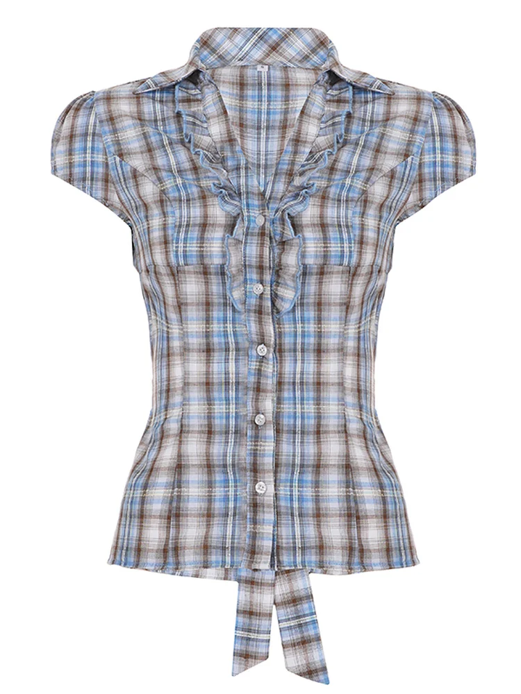 Funoff American Retro Plaid Shirt with Wood Grain  V-neck Short Sleeve Women's Slim Fit Commute Top Button Detail Polyest...