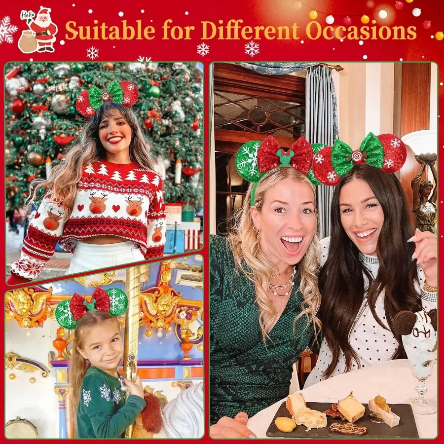 ETLUK 2 قطعة آذان ماوس عيد الميلاد المتألقة للنساء عصابات رأس عيد الميلاد لتزيين الحفلات والنعناع والرطبة