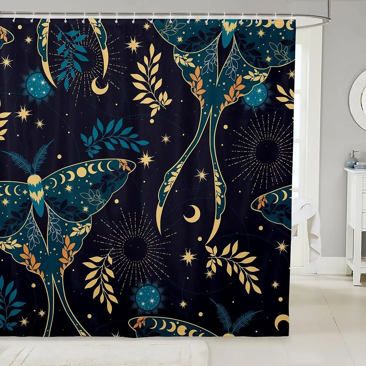 Sun Moon Starry Sky Trippy Bathroom Curtains for Girls Boys Adults,Leaves Plants Boho Exotic Colorful Chic Waterproof Curtain