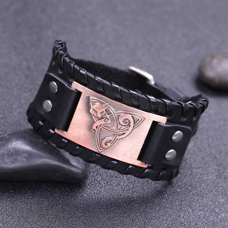 Trendy Totem Design Odin Triangle Fox Bracelet Men\'s Bracelet Fashion Leather Animal Viking Accessories Party Jewelry Wholesale