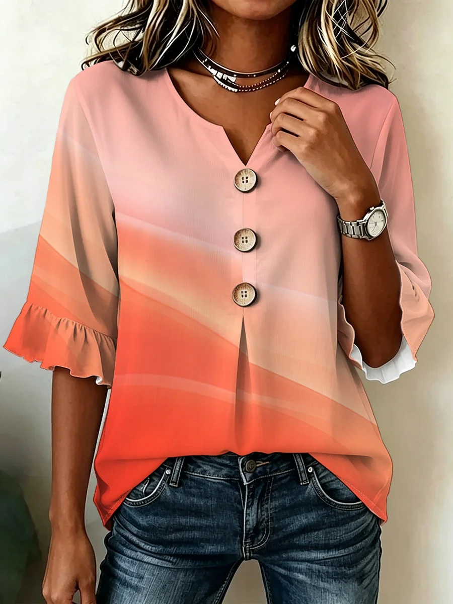 Plus Size Women V Neck Button Decor Blouse Soft Dreamy Style Pullover Top Fashion Age‑Reducing for Casual Party Daily Wear