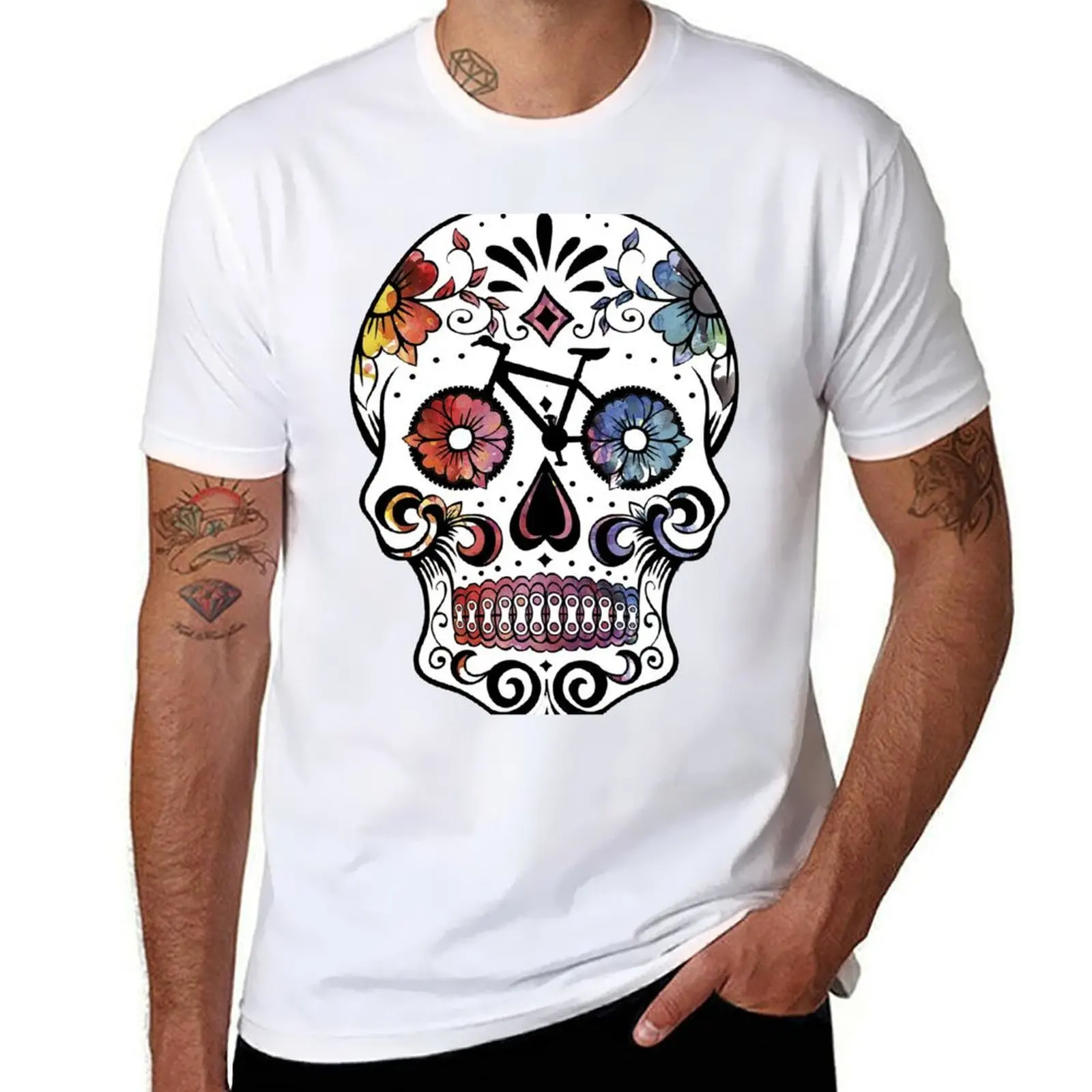 

Sugar skull bikes watercolor T-Shirt t shirt for man 100 percent cotton t shirts for man pack white T-Shirt