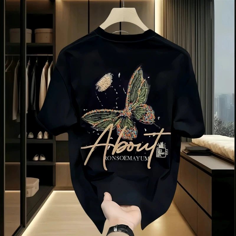 

Men's Cotton T-shirts 5XL WhiteT Shirtfor Men Casual Summer Wear Fashion Butterfly Print Tee Shirts Black Men Clothing