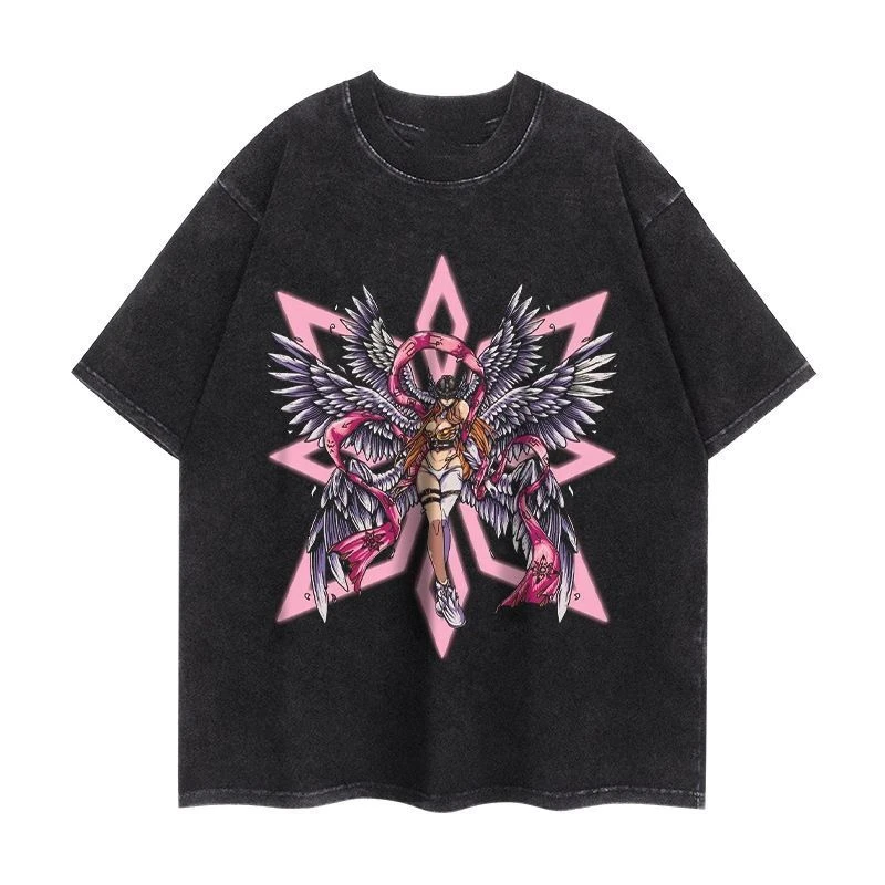 Hot Anime Digimon American Street Washable Short-sleeved T-shirts for Men and Women Cartoon Round-neck Loose Retro Couple Tops