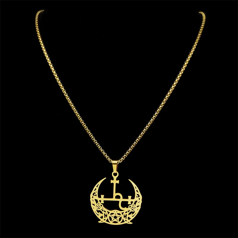 Wicca Triple Moon Crescent Pentagram Pedant Necklace For Women Men Stainless Steel Gold Color Satan Lilith Demon Seal Jewelry