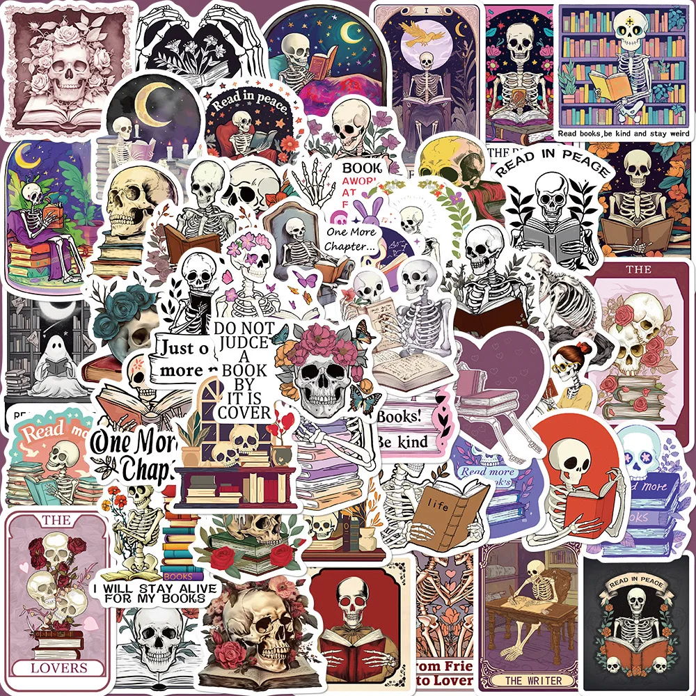 10/50pcs Aesthetic Funny Skull Reading Book Bookish Stickers Kindle Decals DIY Scrapbooking Laptop Phone Car Decorative Sticker