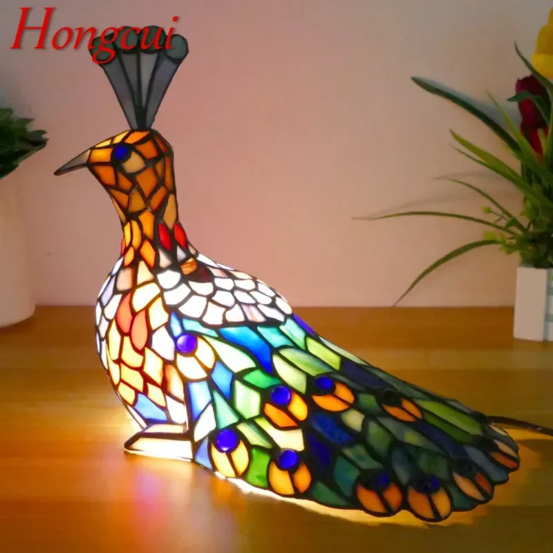 Hongcui  Tiffany Peacock Table Lamp Art Living Room Bedroom Children\'s room Homestay Stained Glass Decoration Desk Lamp