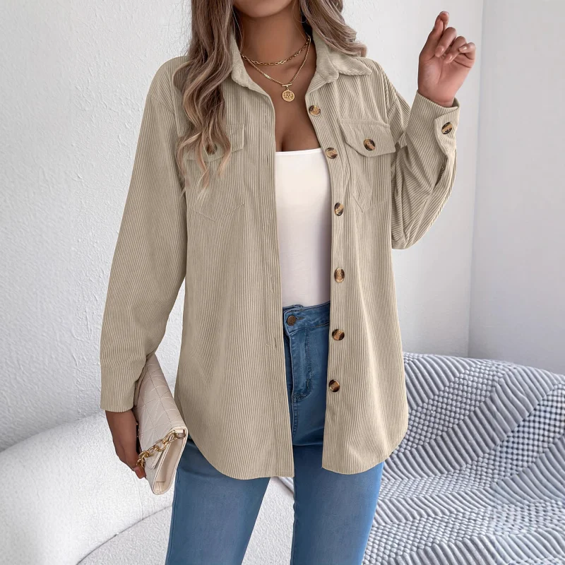 

Women's Casual Corduroy Striped Mid-Length Shirt European and American Style