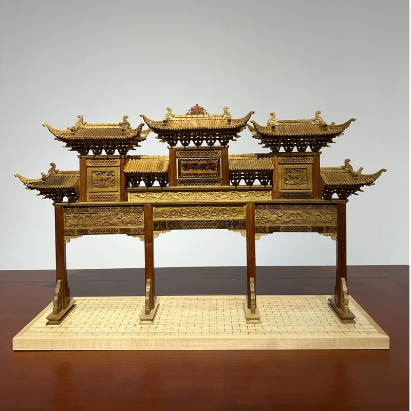 

Wood carving ancient building model three doors archway model living room office study tabletop ornament gift