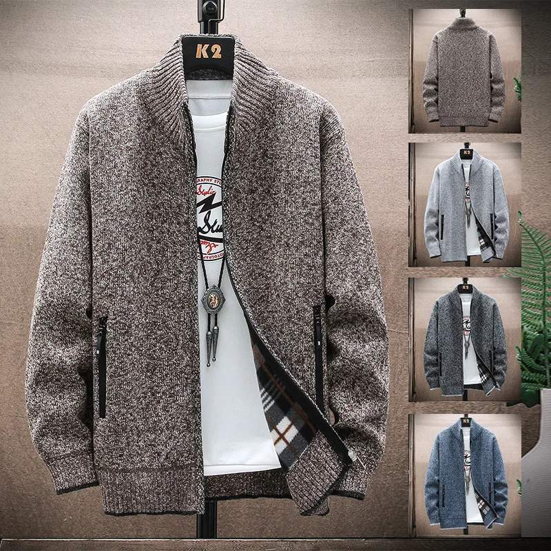 Plush and thickened men's standing neck knitted cardigan loose oversized sweater jacket zipper pocket men's jacket jacket jacket