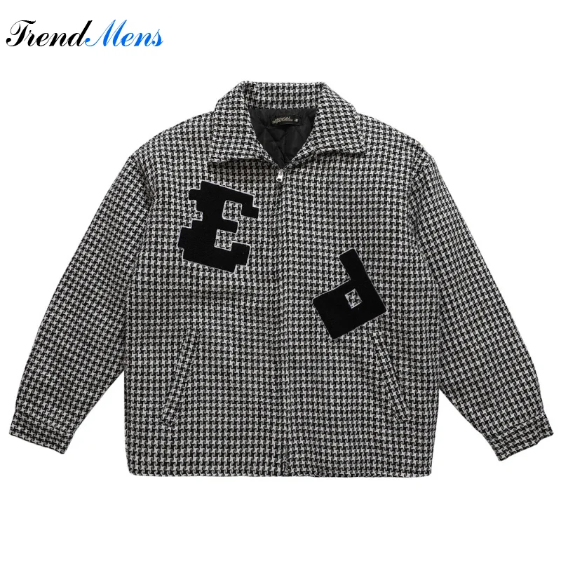 Cartoon Character Embroidery Thousand Bird Checker Men's Jacket Thickened Warm Fashion Casual Loose Parka Men Street Hip Hop Top