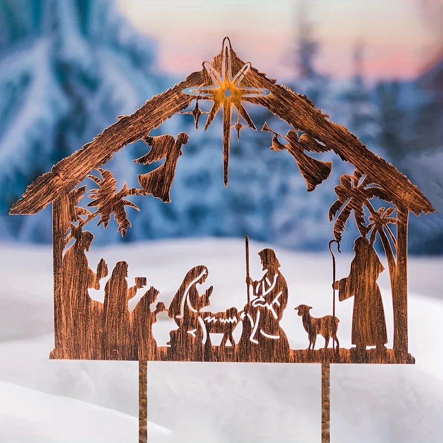 1pc Rustic Nativity Scene Metal Garden Stake - Religious Christmas Decoration with Mary, Joseph, Youngsters & Shepherds