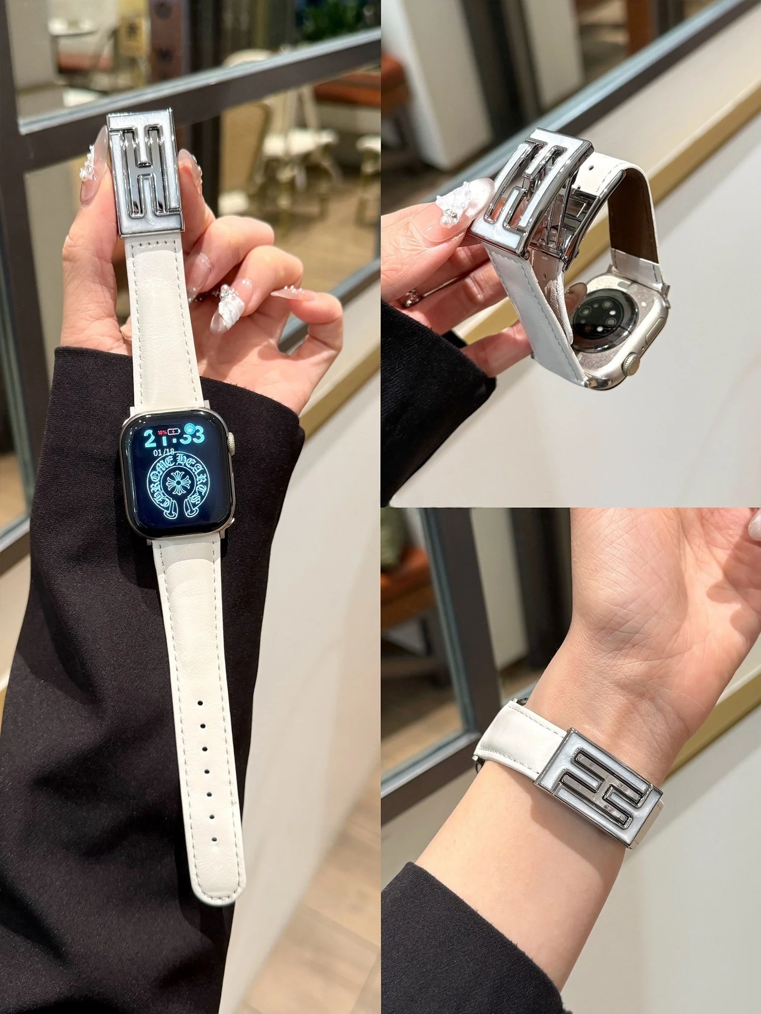 

H-shaped magnetic buckle metal leather compatible iWatch strap 38mm 40mm 41mm 42mm 44mm 45mm 49mm fashionable strap