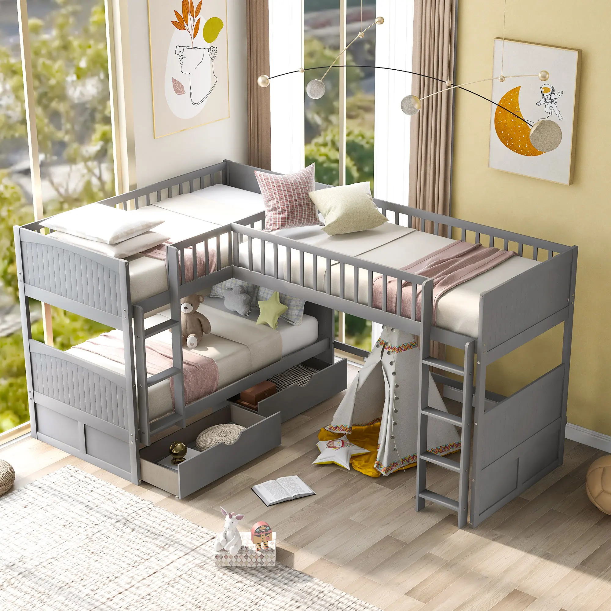 Two Colors Twin Size Bunk Bed with a Loft Bed attached with Two Drawers Bedroom Furniture