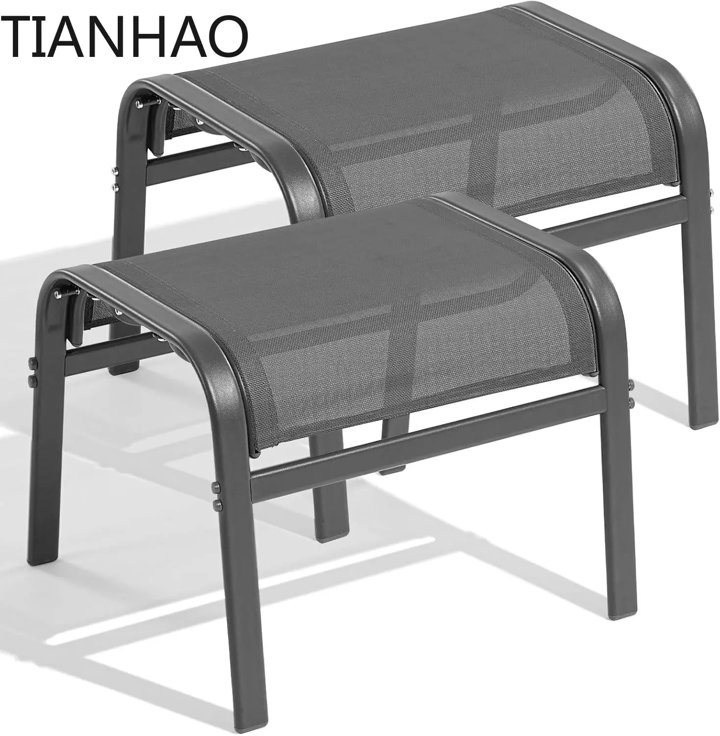Outdoor Ottoman Set of 2, All Weather Foot Stool with Supportive Textliene and Metal Frame, Stackable Oversized Foot Rest