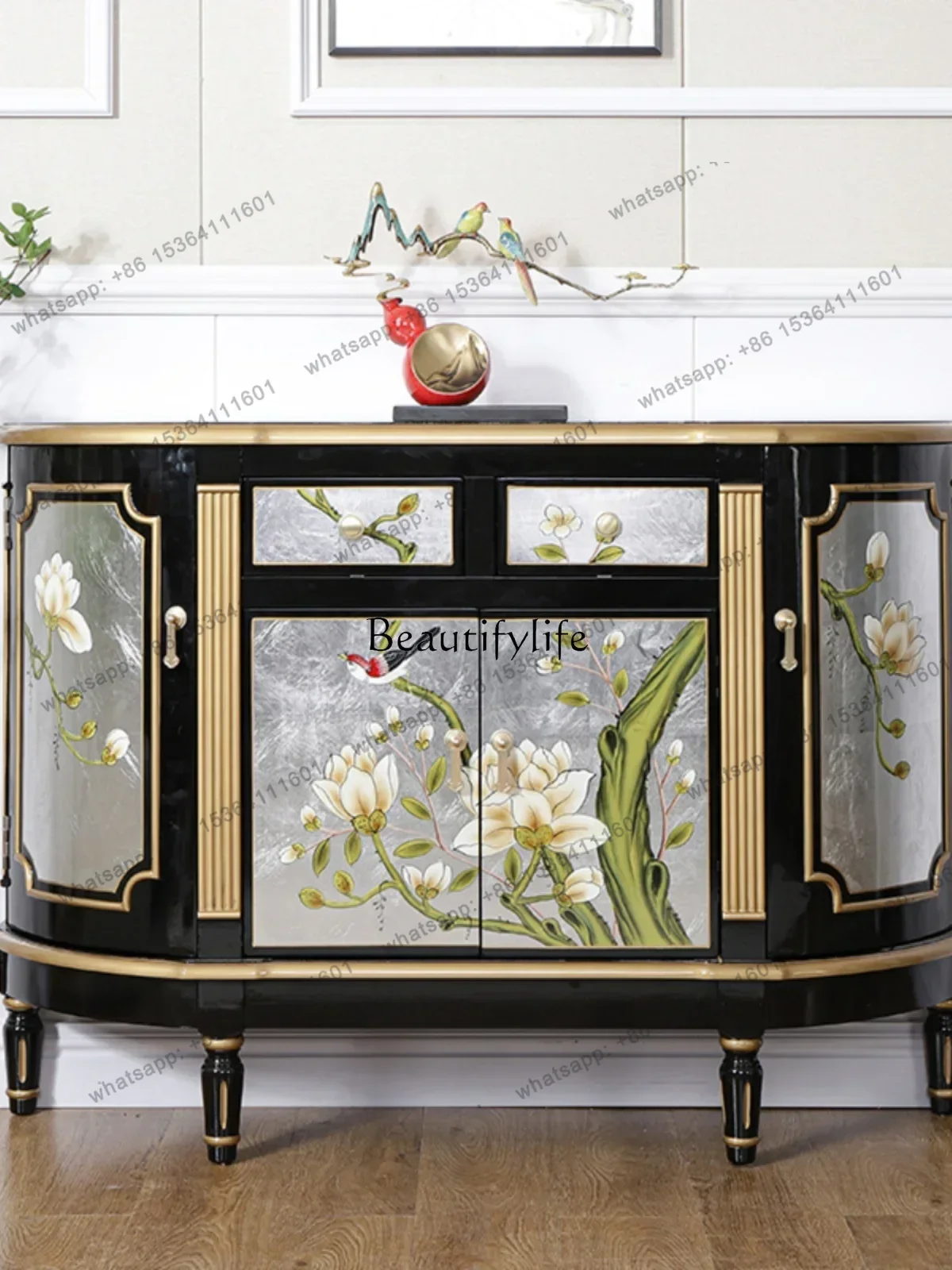 FG New Chinese Solid Wood Painted Magpie Semicircular Entrance Table Living Room Decoration Cabinet