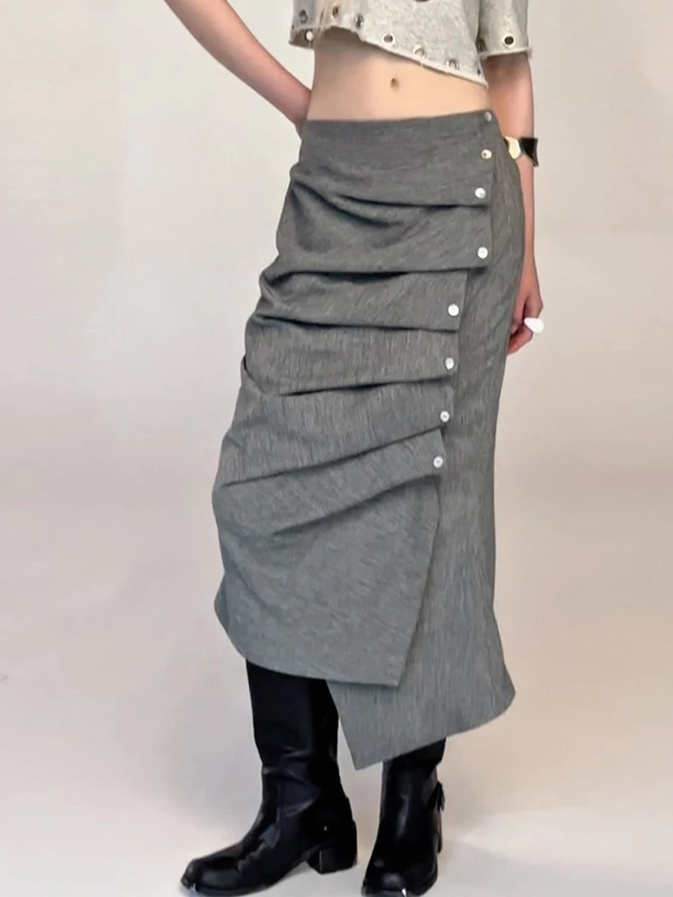 Sisterlinda Button Folds Röcke für Damen, unregelmäßiger Saum, dünn, Büro-Stil, Pendeln, einfach, klassisch, Herbst, Straße, elegantes Outfit