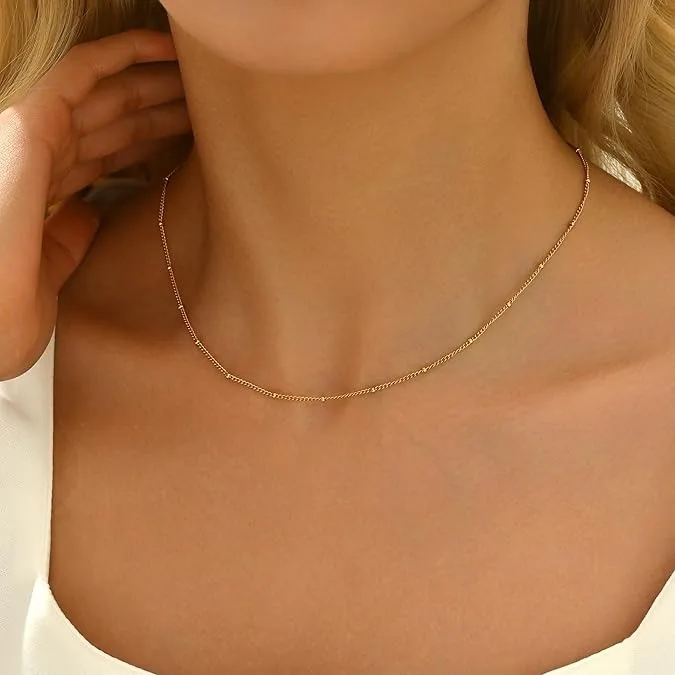 2Pcs Real Gold Plated Satellite Beaded Chain Necklace Cute Dainty Thin Chain Hypoallergenic Nickel Free Women Jewelry Making