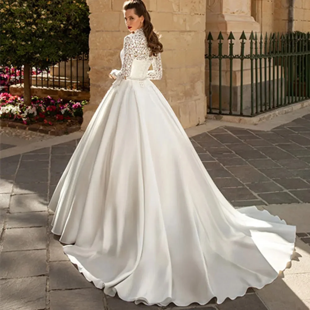 Vintage Satin A-Line Wedding Dress For Women Long Sleeve High Neck Bride Gown Customized  High Quality Princess Bride Dress image 2