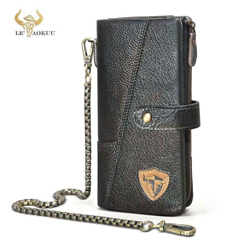 

Hot Sale Real Cowhide Leather Travel Business Organizer Chain RFID Wallet For Men Long Zipper Male Purse Card Holder 1803