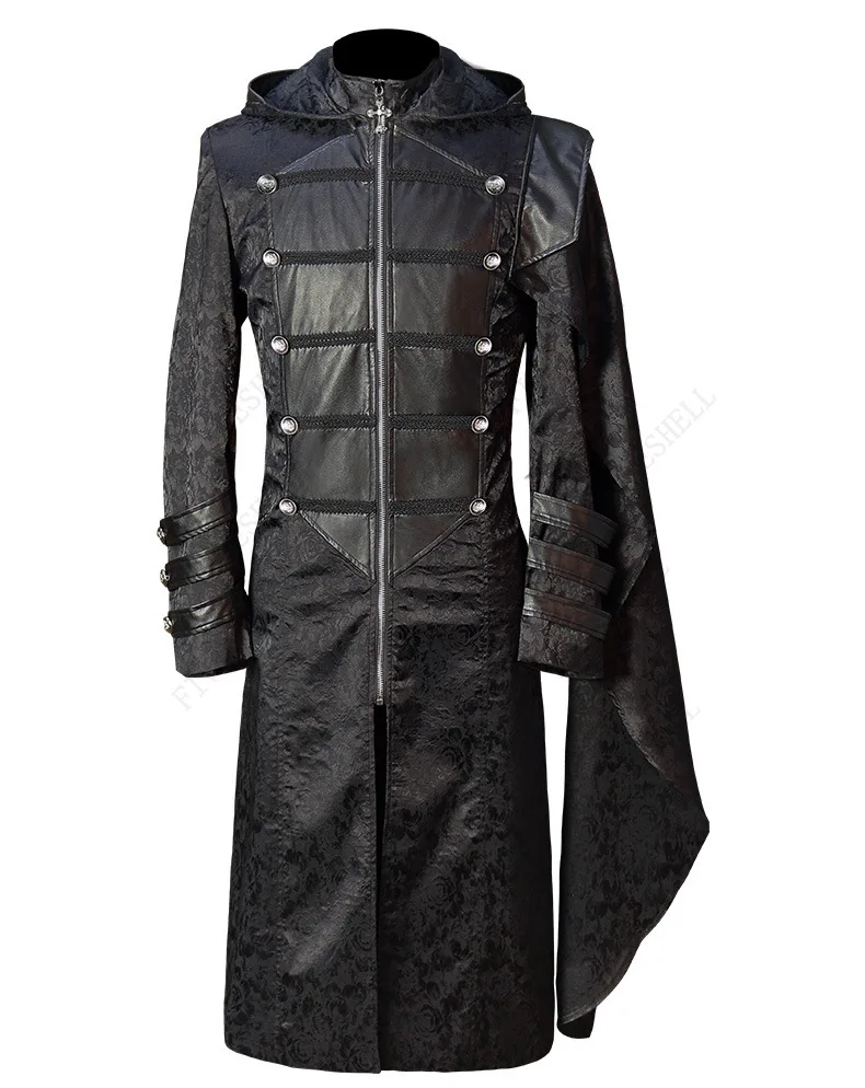 

Medieval Costume 5XL Men Gothic Steampunk Patchwork Long Trench Coat Jacket PU Leather Cloak Punk Tops Halloween Cosplay Clothes