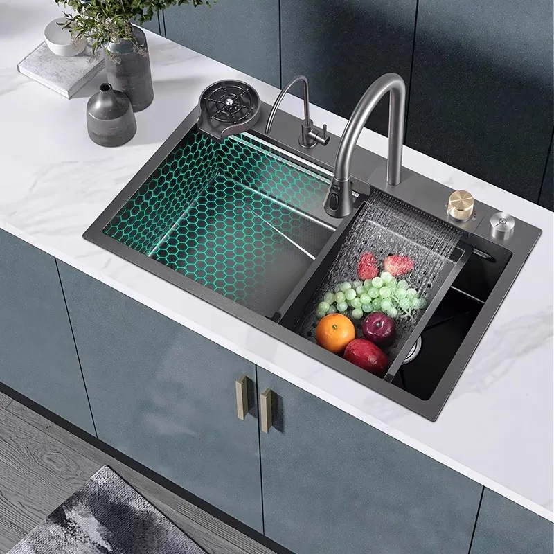

304 stainless steel honeycomb knife holder sink kitchen dishbasin nano honeycomb rain waterfall large single tank