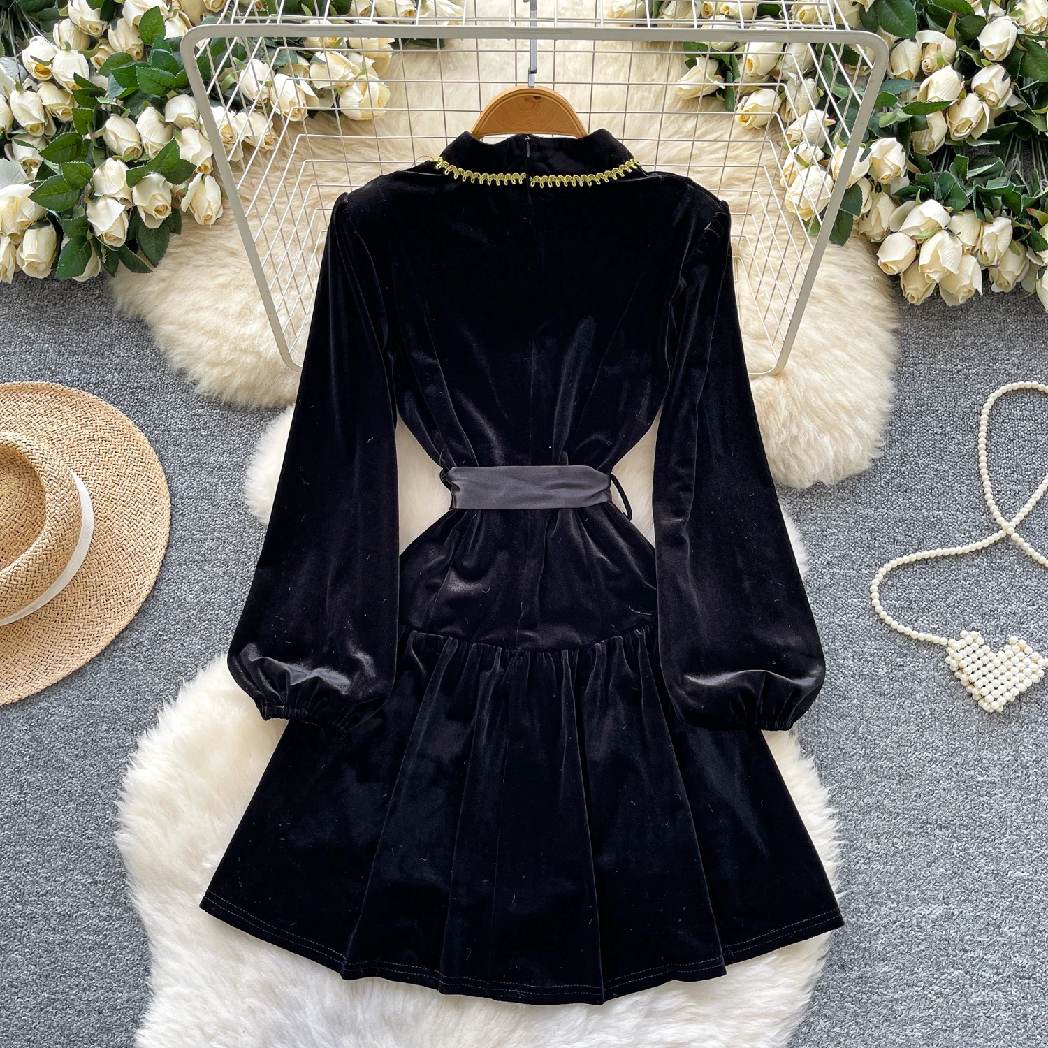 Chic vintage Sexy long sleeve velour fairycore dress korean fashion Sundress Party ceremony dresses